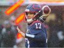Alouettes quarterback Trevor Harris throws a pass against the Winnipeg Blue Bombers in Montreal on Saturday, Nov. 13, 2021.