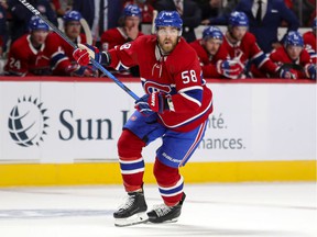 Canadiens defender David Savard follows the play against the San Jose Sharks in Montreal on October 19, 2021.