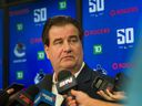 The son of Vancouver Canucks general manager Jim Benning was hospitalized Sunday after an alleged assault outside the Banter Room restaurant in Yaletown.