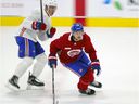 Mattias Norlinder, right, cuts in front of Gianni Fairbrother during Canadiens rookie camp in September. 