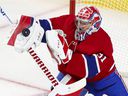 Carey Price of the Canadiens makes a blocking block during a Stanley Cup final game against the Tampa Bay Lightning in Montreal on Monday, July 5, 2021.