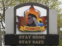 A poster for the city of Tecumseh is displayed in front of the municipal offices on April 29, 2020. 