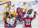 Canadiens' Artturi Lehkonen (62) reacts after scoring against the Nashville Predators during the first period of NHL hockey action in Montreal on Saturday, Nov. 20, 2021.