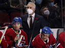 Montreal Canadiens head coach Dominique Ducharme behind the bench during a game against the Calgary Flames in Montreal on November 11, 2021.