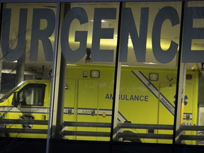 MONTREAL, QUE.: DECEMBER 8, 2020 - Ambulance in the emergency bay of the Maisonneuve-Rosemont hospital on Tuesday, December 8, 2020 during the COVID-19 pandemic.  (Pierre Obendrauf / MONTREAL GAZETTE) ORG XMIT: 65459 - 6786