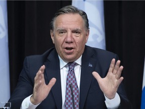 Quebec Prime Minister François Legault at a press conference on the COVID-19 pandemic, Tuesday, November 23, 2021, at the legislature in Quebec City.