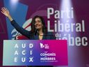 Quebec Liberal Leader Dominique Anglade greets delegates before her keynote address at the Quebec Liberal Members' Convention on Friday, Nov. 26, 2021, in Quebec City.