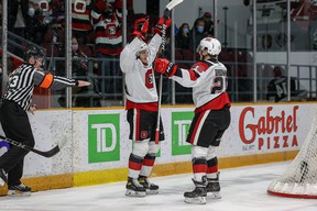 Ottawa 67 forward Vinzenz Rohrer celebrates the first of his two goals in last night's game at TD Place.  Kingston won 4-3 on penalties.
