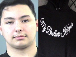 A warrant was issued for Andrew Miguel Best (left), a 21-year-old man from Vancouver Island.  He is wanted on charges of trafficking, conspiracy to traffic, and possession of a controlled substance.  Best has been linked to the violent BC band The Brothers Keepers.  Also shown is a Brothers Keepers hoodie (right), worn by members of the organization.