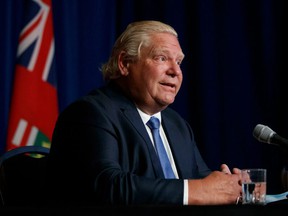 Ontario Prime Minister Doug Ford speaks during a press conference in Queen's Park on September 22, 2021.