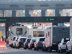People waited up to six hours to cross the border into the United States at the Thousand Island Border Crossing in Lansdowne, Ontario, on November 8, 2021.
