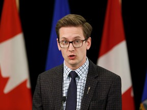 Alberta Service Minister Nate Glubish speaks during a provincial COVID-19 update at the Federal Building on March 27, 2020.