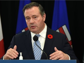 Prime Minister Jason Kenney delivers an update on COVID-19 during a press conference in Edmonton, Wednesday, November 3, 2021.