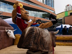 Edmonton Oil Kings mascot Louie rides during the Official PBR Mechanical Bull Challenge for the 2021 PBR Canada National Finals outside of Rogers Place in Edmonton on Friday, November 12, 2021. He won the event buckle.