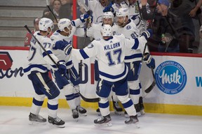 The Lightning, seen here celebrating a Steven Stamkos goal against Ottawa on Saturday, taught senators a lesson in what it takes to win.  USA TODAY SPORTS