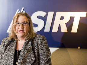 Sue Hughson, Executive Director of ASIRT, speaks to the media on January 24, 2019, after accusing a police officer of assault that caused bodily harm.
