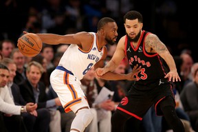 Kemba Walker of the Knicks controls the ball against Fred VanVleet of the Raptors during the first quarter at Madison Square Garden on Monday, Nov. 1, 2021.
