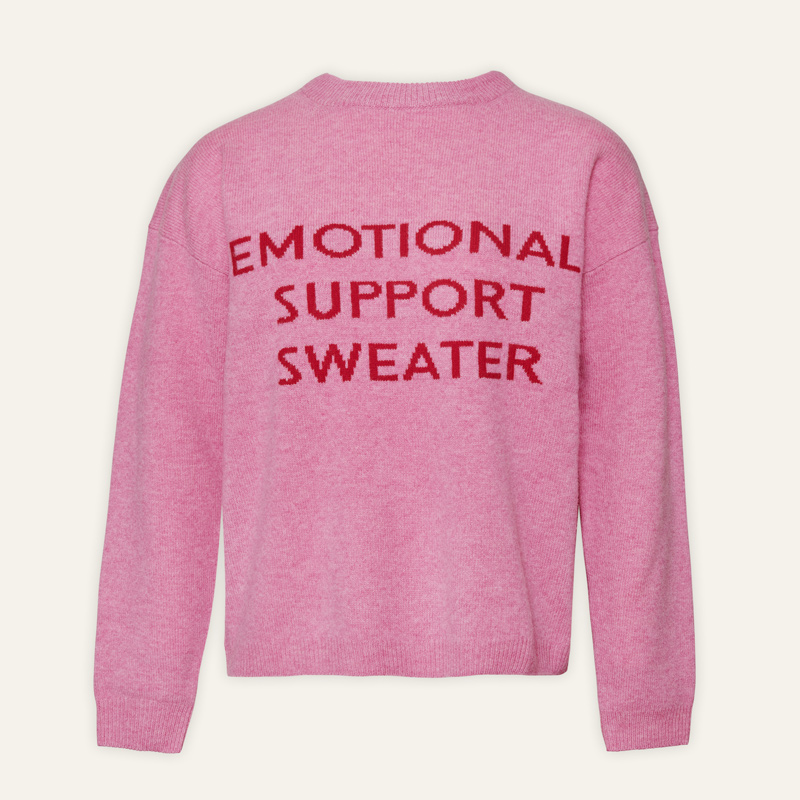 Pink wool sweater with "Emotional support sweater" sewn on the front