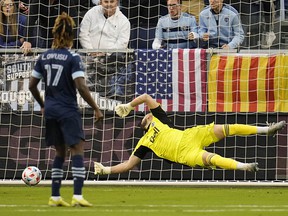 Vancouver Whitecaps goalkeeper Maxime Crépeau concedes a goal to Sporting Kansas City forward Khiry Shelton (not pictured) in the first half of his first-round MLS playoff game at Children's Mercy Park.