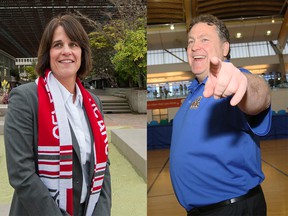 Theresa Hanson (left), athletic director at Simon Fraser University, and her husband Kevin Hanson, a UBC T-Birds men's basketball coach, know to keep things friendly at home when it comes to school sports rivalry.  