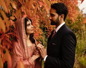 Nobel Peace Prize winner Malala Yousafzai with her husband Asser in an image posted with a social media post announcing her marriage, in Birmingham, Great Britain, on November 9, 2021.