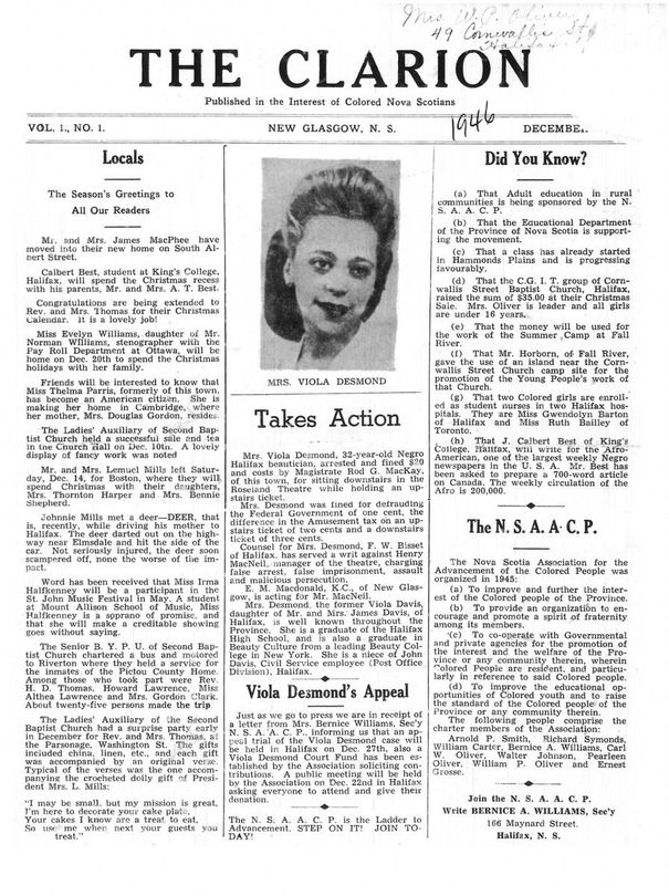 The front page of The Clarion, the newspaper founded by Nova Scotia journalist and civil rights activist Carrie Best, covers Viola Desmond's trial in this undated photo.
