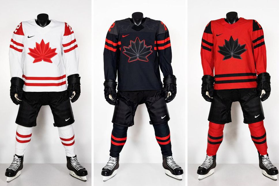 Hockey Canada introduced three new Nike jerseys to be worn at the Games, featuring the traditional white jersey with a red maple leaf on the crest, while the red and black jerseys feature a black maple leaf.