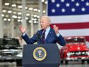 United States President Joe Biden delivers a speech at the Ford Rouge Electric Vehicle Center in Dearborn, Michigan, on May 18, 2021.