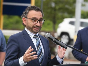 Omar Alghabra, Canada's Minister of Transportation, speaking in Windsor on July 22, 2021.