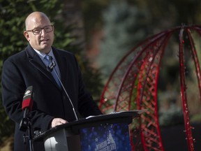 Mayor Drew Dilkens speaks during a press event anticipating this year's Bright Lights festival in Jackson Park, Thursday, Nov. 18, 2021.