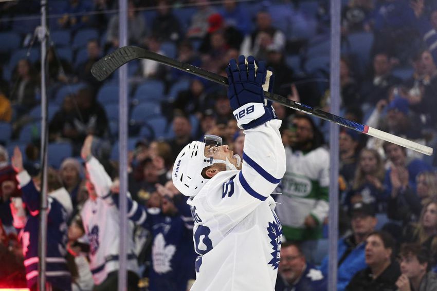 Michael Bunting looks skyward after scoring his first goal in seven games.