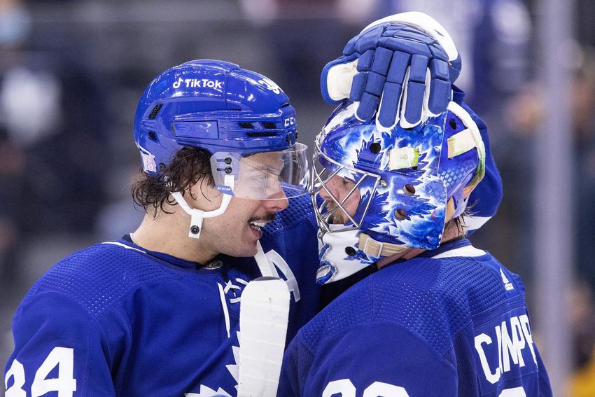 Leafs goalie Jack Campbell is all smiles with Auston Matthews.  And why not?  He leads the NHL in wins, goals-against average and save percentage.
