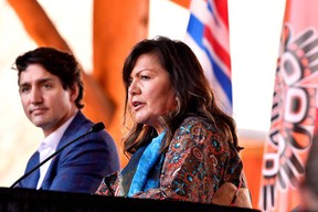 Kukpi7 Rosanne Casimir speaks with the press and members of the Tk'emlups te Secweepemc community during a visit by Prime Minister Justin Trudeau at the Tk'emlups Pow wow Arbor in Kamloops on October 18, 2021.