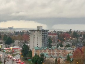 A still image from a social media video shows a waterspout in the ocean off Vancouver, BC, on November 6, 2021.