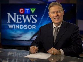 CTV News Windsor host Jim Crichton appears at the host's desk on his penultimate day on the job before retiring, Thursday, Nov. 25, 2021.