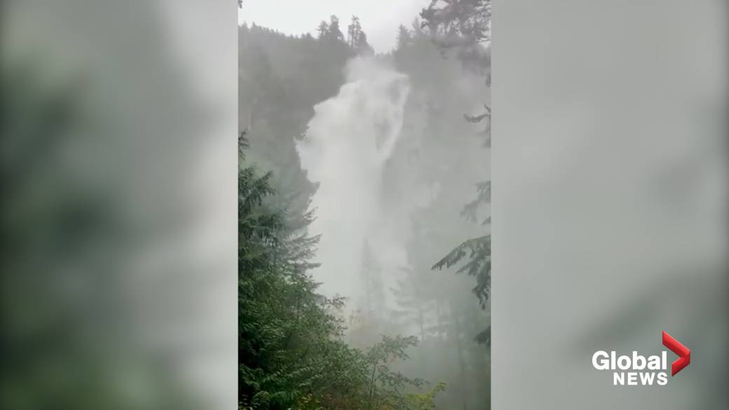 Click to play video: '' Atmospheric river 'throws rain, waves BC waterfall'