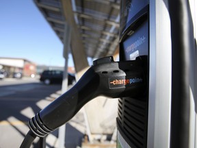 An electric vehicle charging station is displayed at the Devonshire Mall in Windsor on Friday, November 19, 2021.