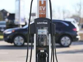 An electric vehicle charging station is displayed at the Devonshire Mall in Windsor on Friday, November 19, 2021.
