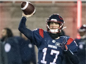 Montreal Alouettes quarterback Trevor Harris throws a pass during the second half against the Saskatchewan Roughriders in Montreal on October 30, 2021.