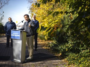 Ward 2 Coun.  Fabio Costante talks about the Gateway Park development, along with District 3 Councilor Rino Bortolin, and Mayor Drew Dilkens, on Tuesday, November 16, 2021.