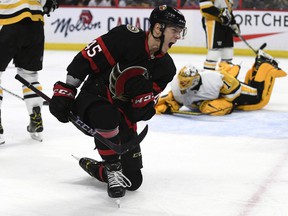 Senators forward Parker Kelly celebrates his goal in the second period against the Penguins on Saturday night.