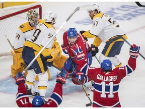 Canadiens' Artturi Lehkonen (62) reacts after scoring against the Nashville Predators during the first period of NHL hockey action in Montreal on Saturday, Nov. 20, 2021.