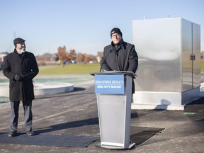 Mayor Drew Dilkens and Ward 9 Coun.  Kieran McKenzie, left, gives a press conference to provide an update on the Provincial / Divisional Corridor, while at Captain John Wilson Park, Tuesday, Nov. 23, 2021.