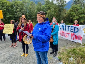 Nuxalk's ancestral government spokesperson Nuskmata (Jacinda Mack) reads an eviction notice to Vancouver-based mining company Juggernaut Exploration on Aug. 16.