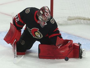 Senators goalkeeper Filip Gustavsson played well Thursday, hit only on a couple of deflected shots.