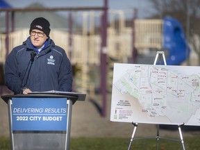 Mayor Drew Dilkens delivers an update on park infrastructure spending at Cora Greenwood Park, Monday, Nov. 29, 2021.