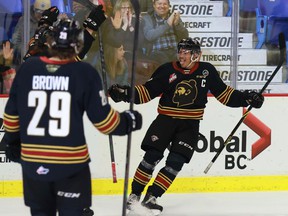 Giants captain Justin Sourdif, who celebrated a goal against the visiting Kelowna Rockets last month, hopes to hit a 'reset button' with his club's road trip out of BC for the first time in nearly two years.