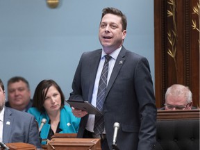 Parti Québécois finance critic Martin Ouellet responds to Quebec Finance Minister Eric Girard's budget speech on Tuesday, March 10, 2020, at the Quebec legislature.