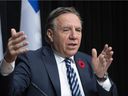 Quebec Prime Minister François Legault responds to journalists' questions at a press conference on Tuesday, November 9, 2021, at the legislature in Quebec City.