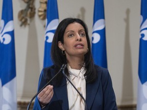 Quebec Liberal Leader Dominique Anglade responds to journalists' questions at a press conference, Tuesday, March 9, 2021, at the legislature in Quebec City.